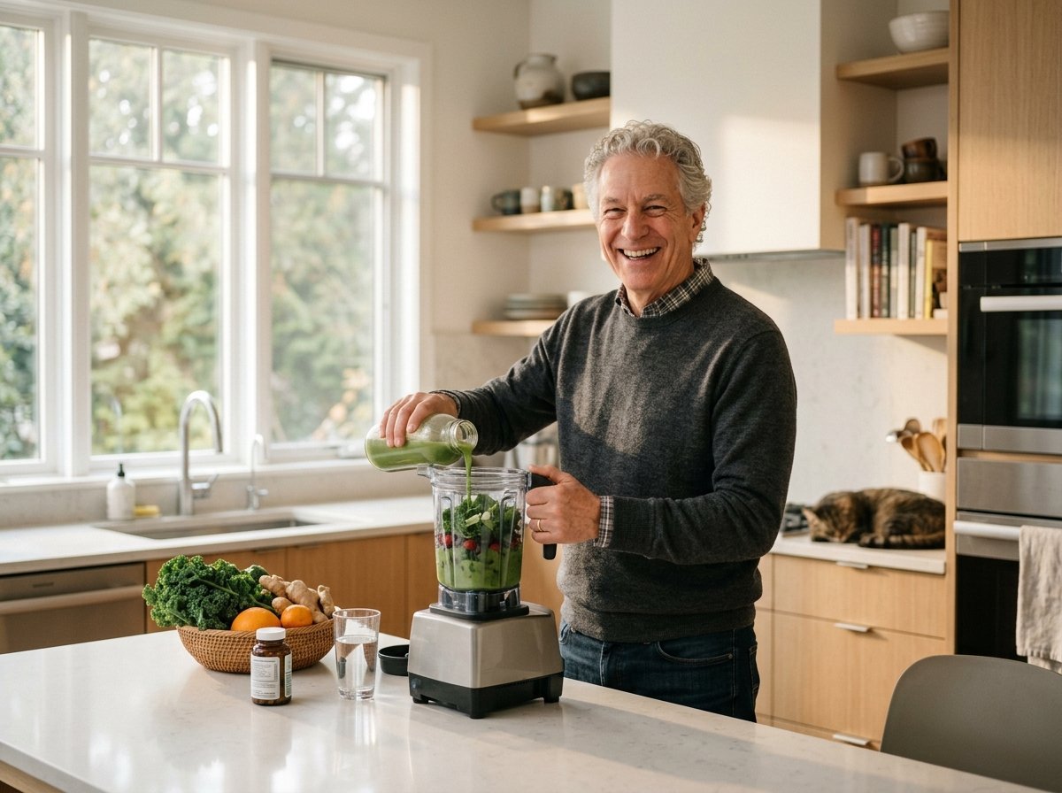 Energetic mature man preparing a morning health drink in a bright modern kitchen, symbolizing vitality and wellness
