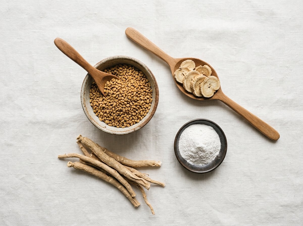 Arrangement of natural botanical ingredients including fenugreek seeds, maca root, boron powder, and ashwagandha
