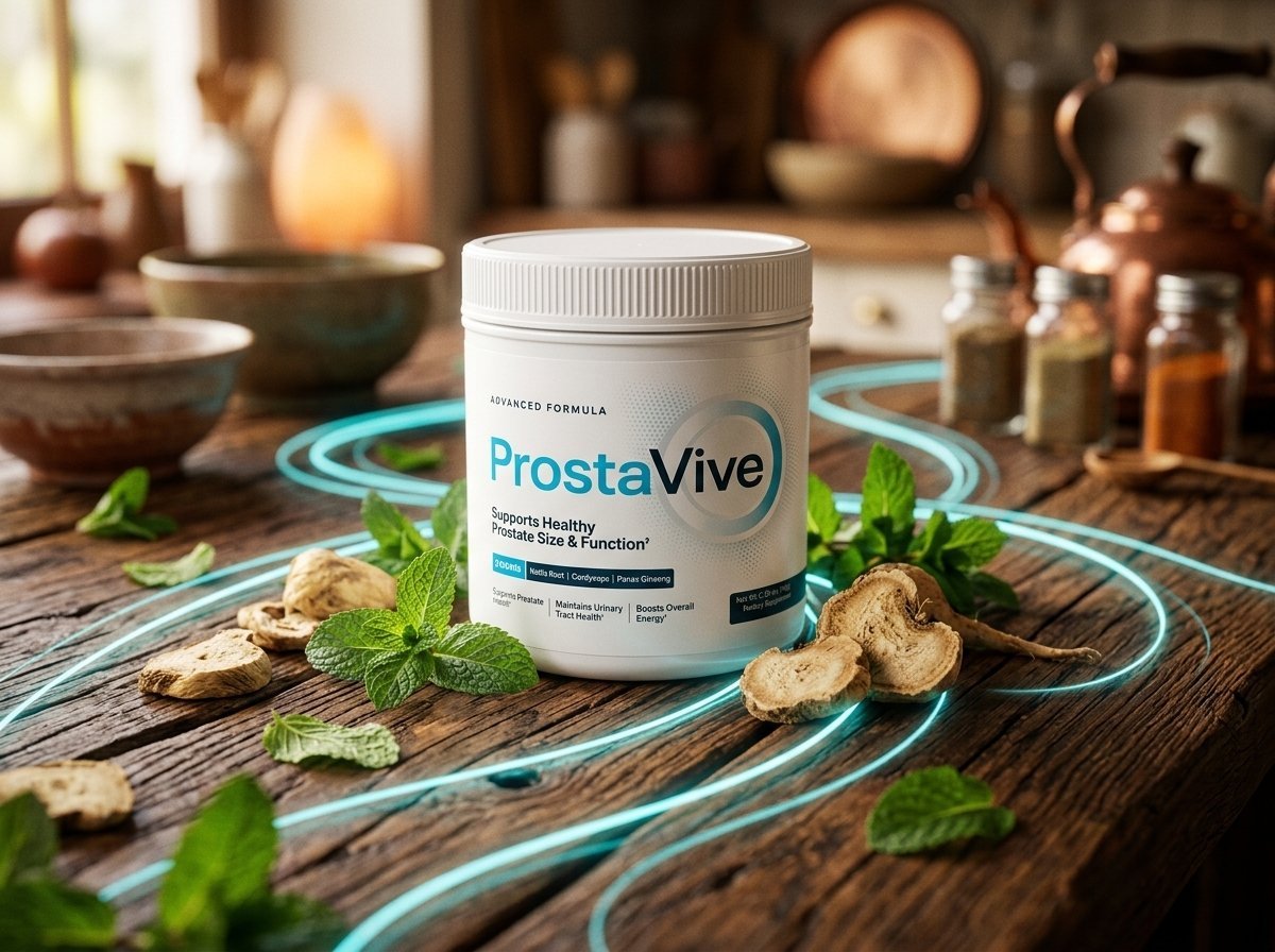 ProstaVive supplement powder jar and ingredient formula overview for male wellness
