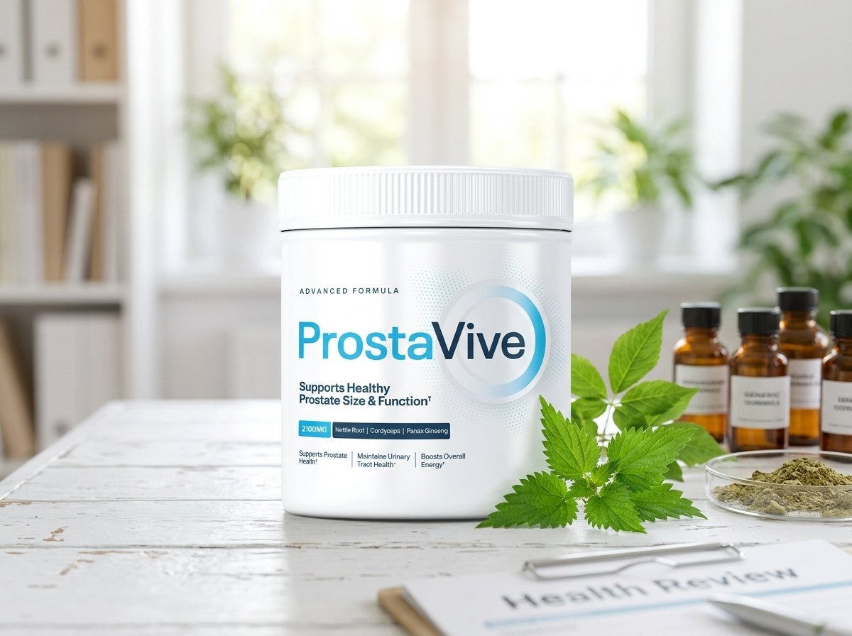 ProstaVive official formula tub with white ribbed cap and botanical ingredients