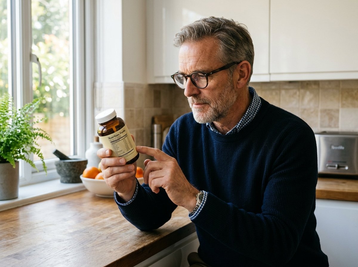 Mature man reviewing a supplement facts label for ingredient transparency