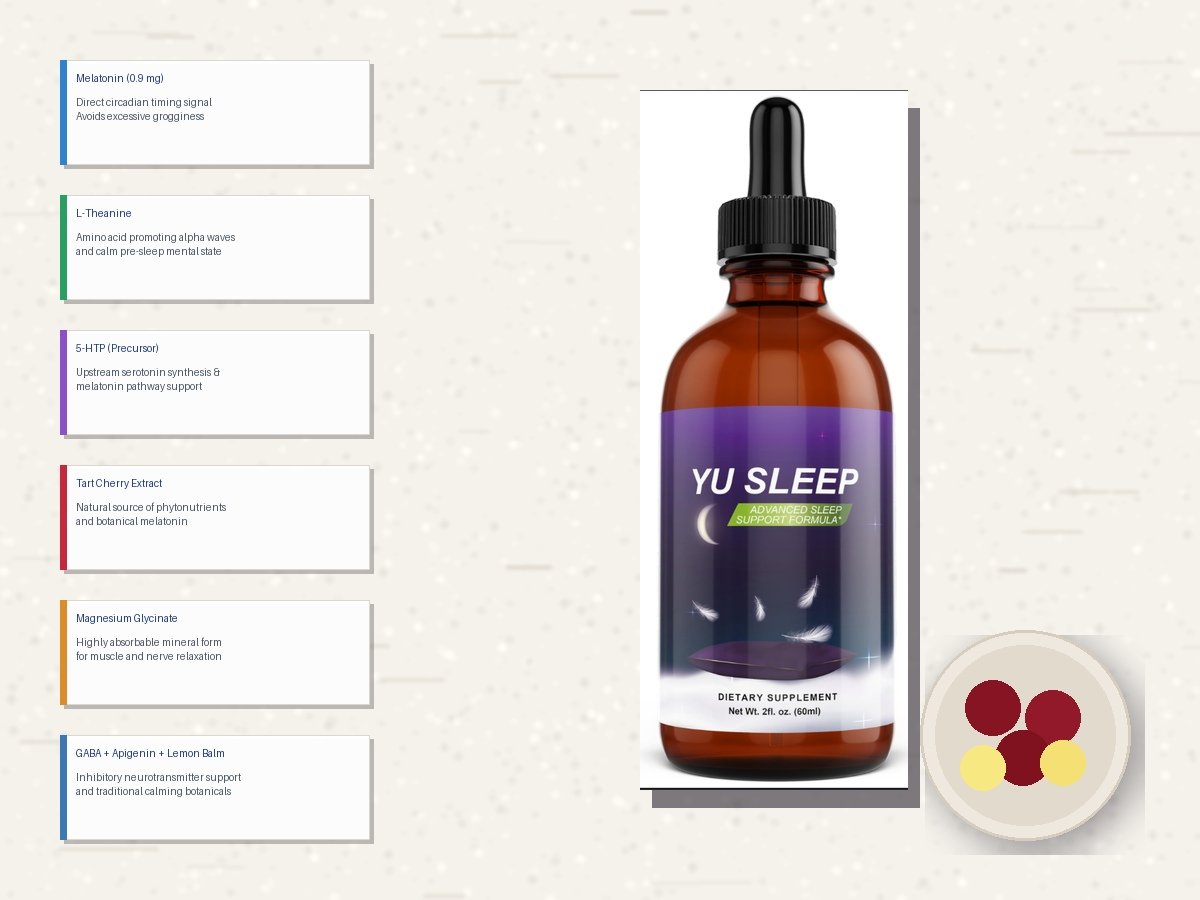 Yu Sleep active botanical and amino acid ingredients including L-theanine, 5-HTP, GABA, and tart cherry