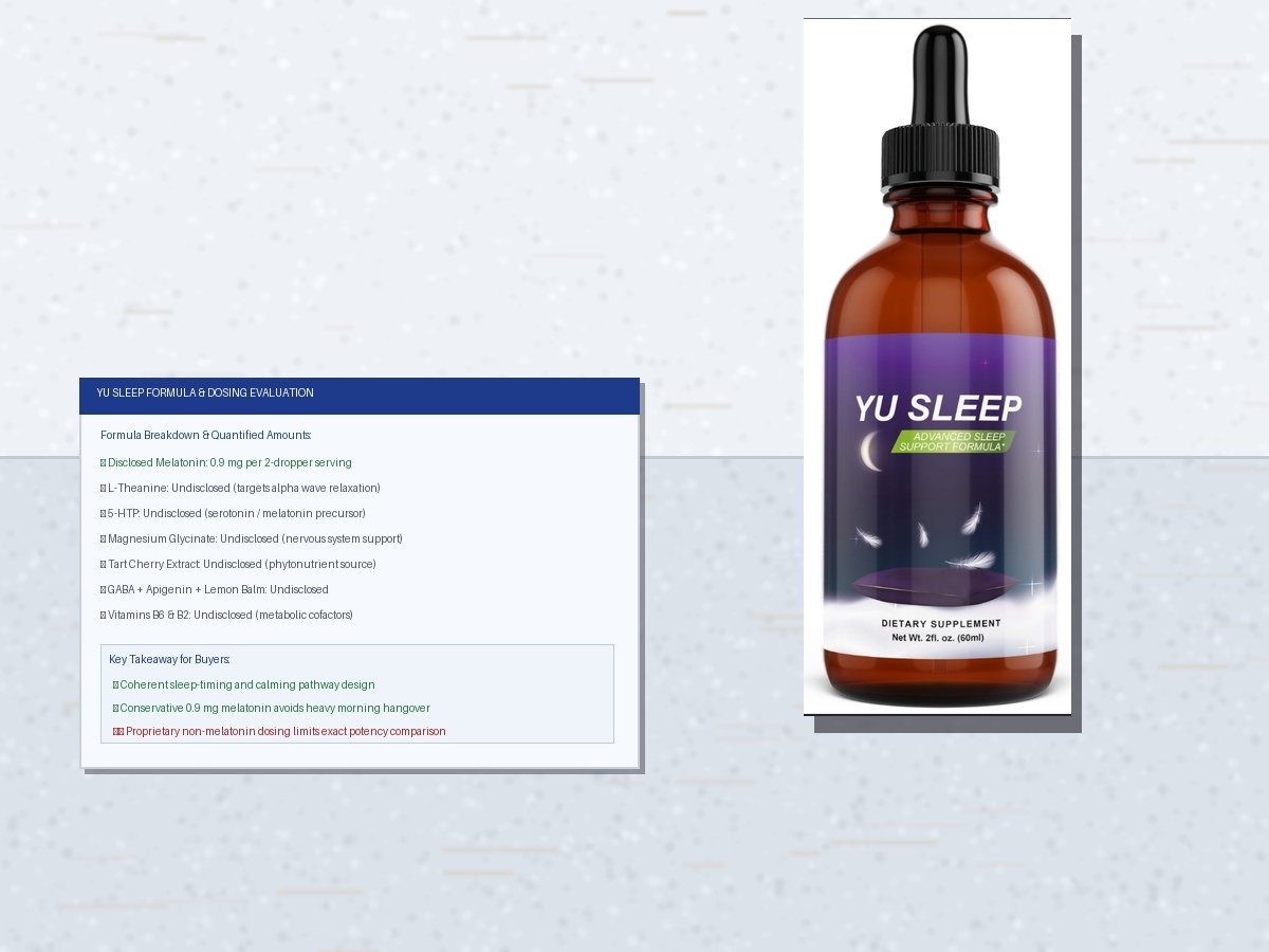 Yu Sleep formula breakdown showing amber liquid dropper bottle and ingredient analysis