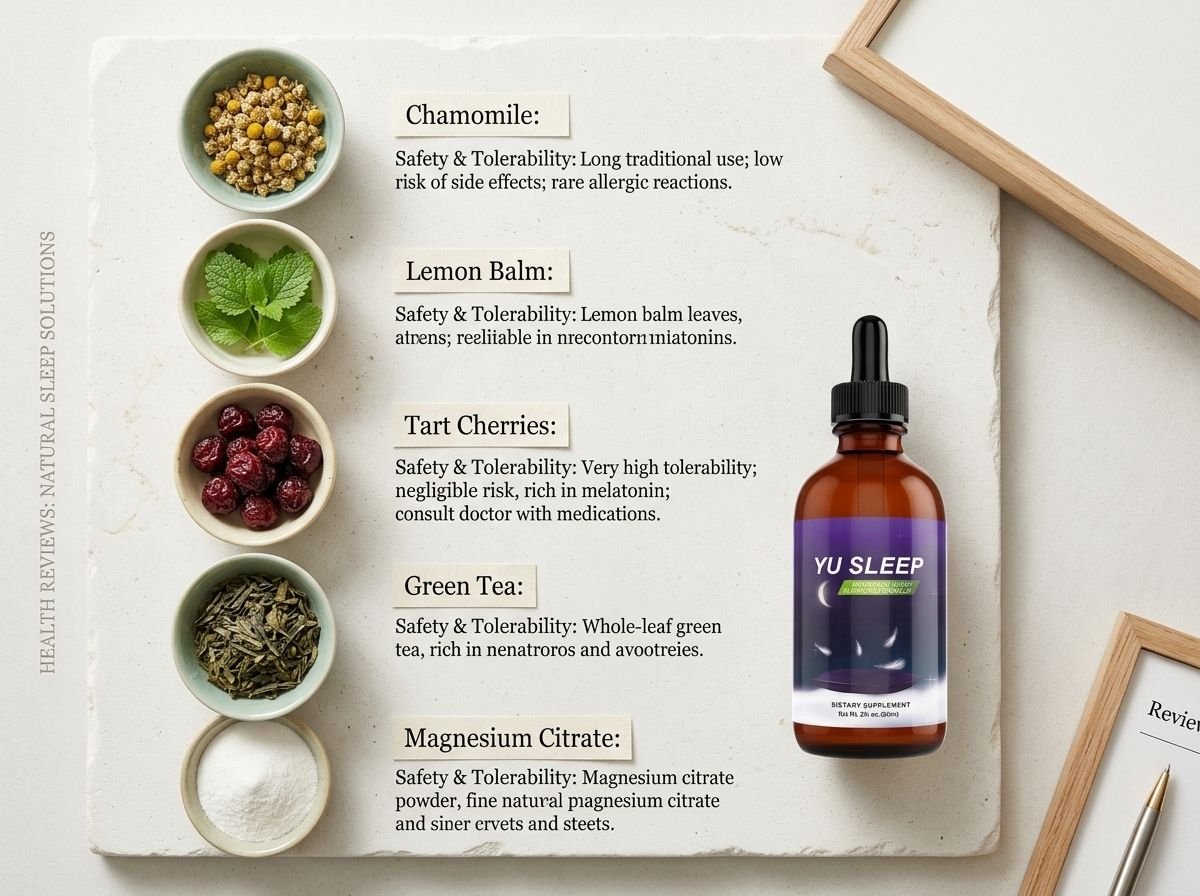 Icons representing melatonin, 5-HTP, GABA, magnesium and other Yu Sleep ingredients with safety notes