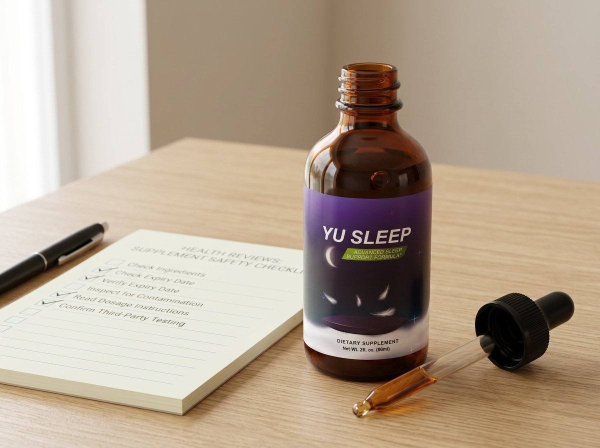 Yu Sleep bottle beside a safety and interaction checklist for sleep supplements