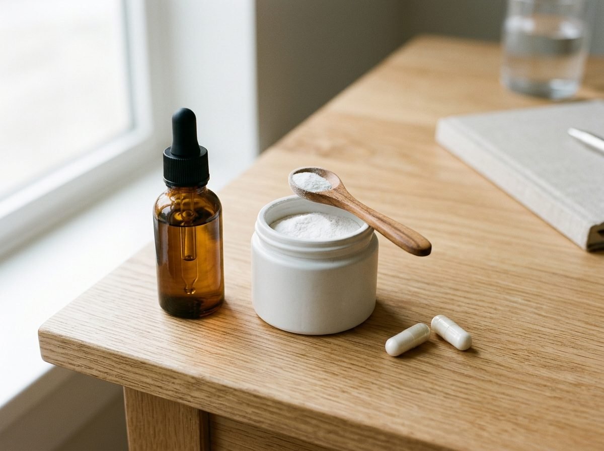 Melatonin liquid dropper bottle and magnesium glycinate supplement on an editorial desk