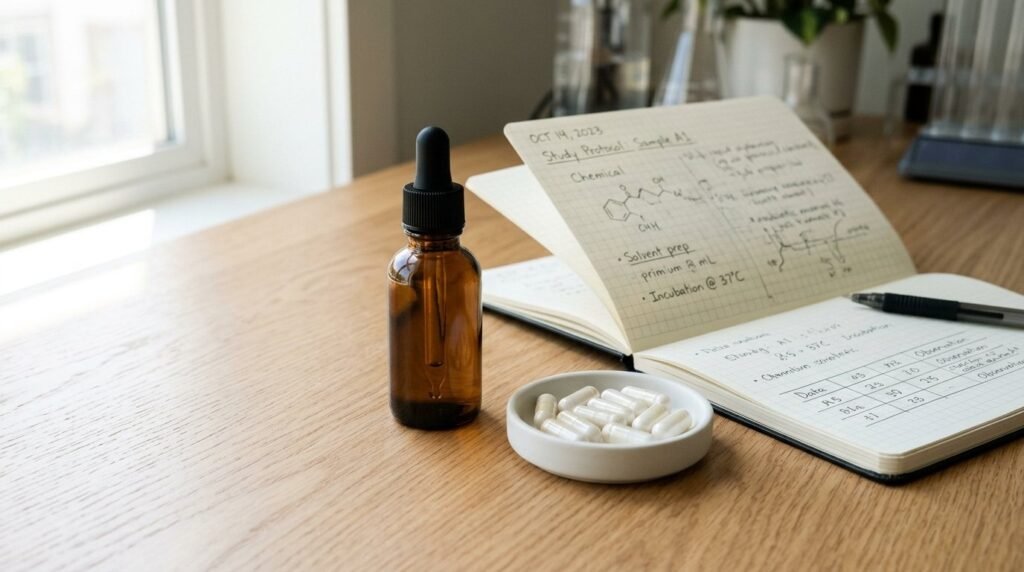 Unbranded melatonin dropper bottle and magnesium glycinate capsules on a bedside table