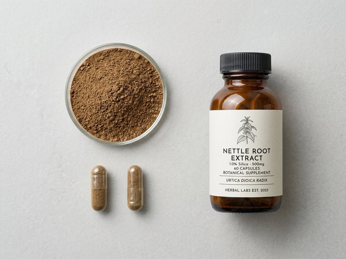 Nettle root powder, extract capsules, and a supplement label arranged for comparison