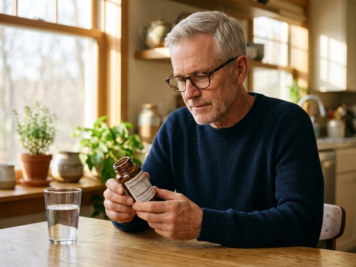 Mature man reading a supplement label at a kitchen table
