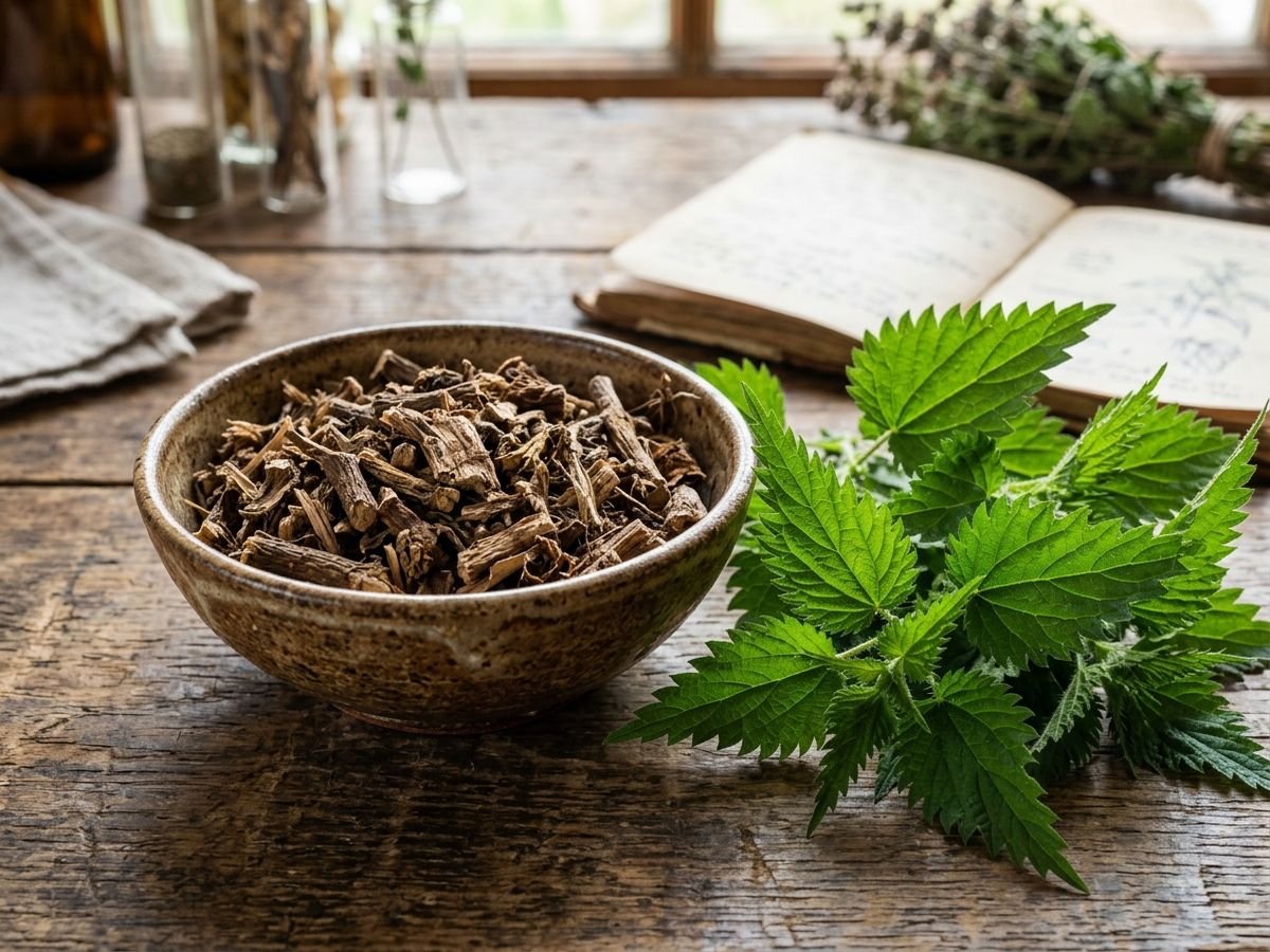 Dried stinging nettle root beside a nettle plant on a wooden table